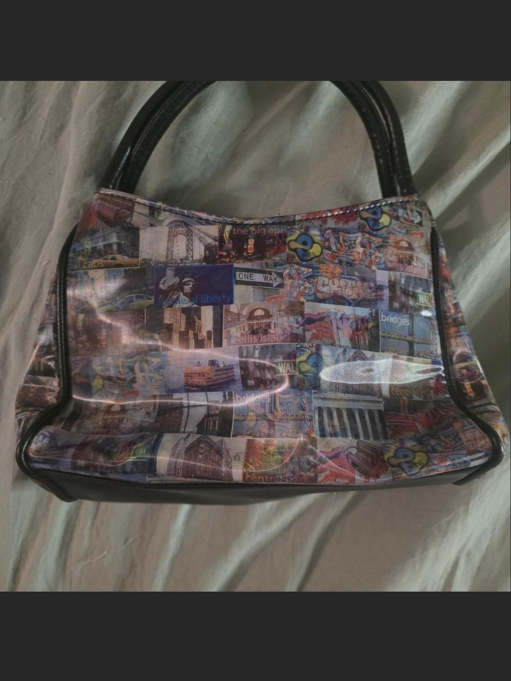 Printed Collage Patent Leather Satchel - Black Trim